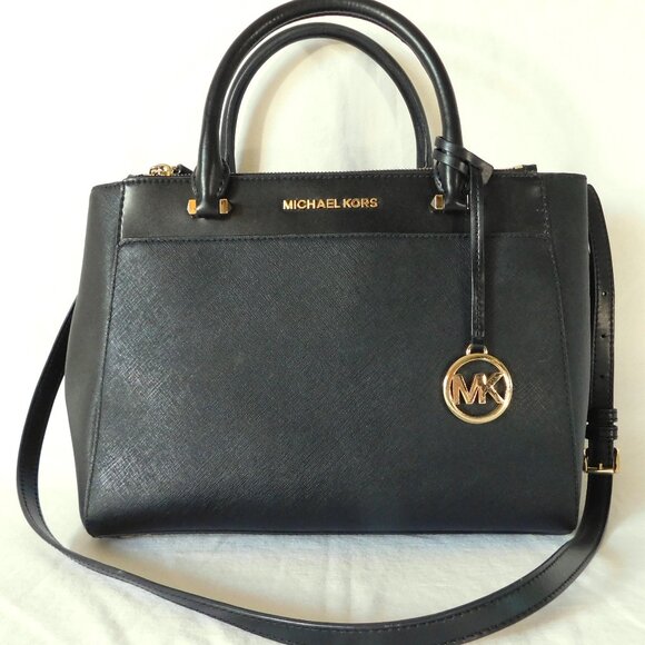 Medium Michael Kors Black Leather & Gold Tote Handbag Purse - Picture 10 of 10